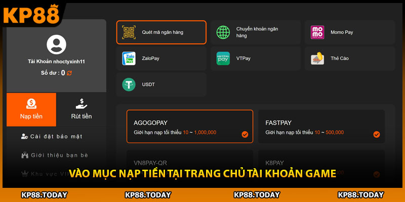 Vào mục nạp tiền tại trang chủ tài khoản game